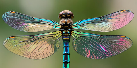 Close-Up of Dragonfly with Iridescent Rainbow-Colored Wings

