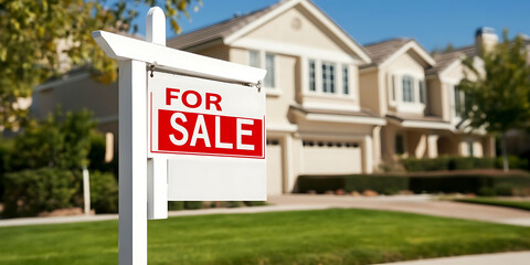 Suburban house with a For Sale sign. A beige, two-story home with a well-manicured lawn and landscaping. Sunny day, blue sky. Real estate market.