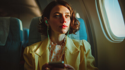Portrait of a beautiful woman with brown hair in green headphones in an airplane near the window. Advertising photography