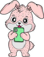 A cute pink cartoon bunny happily holding a green smartphone, perfect for technology and animal themes