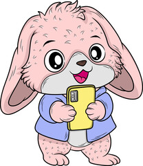 A cute pink cartoon bunny happily holding a green smartphone, perfect for technology and animal themes