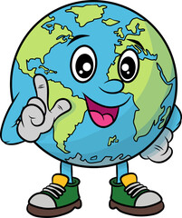 A cute, smiling Earth mascot with cartoon eyes, hands, and shoes, pointing upwards