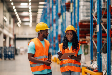 Warehouse workers discussing logistics using clipboard in distribution center