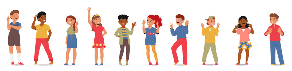 Set of children counting with fingers enjoying educational game to learn numbers and arithmetic