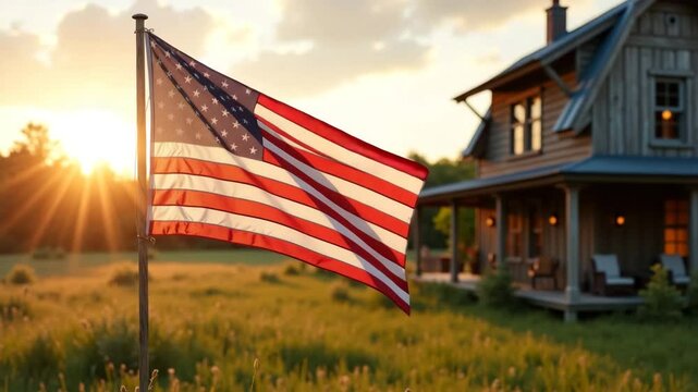 American flag waving proudly in front of rustic farmhouse at sunset.  Patriotic scene perfect for Independence Day celebrations. This image evokes feelings of freedom, home, and national pride.