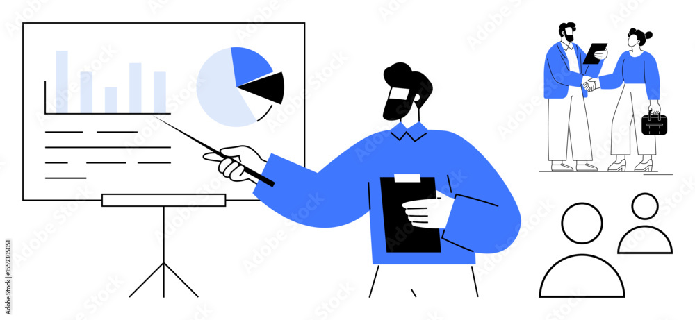 Poster man presenting charts with pointer and clipboard, colleagues shaking hands and discussing. ideal for