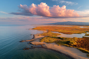 aerial view of coastal wetland in san marino during soft twilight