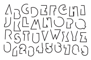 A set of outline letters with a simple, geometric shape. Black and white font with a sporty, dynamic, modern theme. Latin alphabet letters and numbers. No AI used