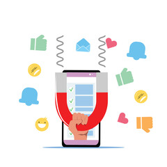 Vector illustration of magnet pulling likes, messages, notifications, emojis from mobile device