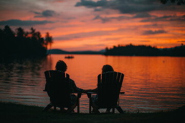 Couple relaxing by lake at dusk. Romantic scene of peaceful tranquility. National holiday, summertime romance, summer celebration. Independence Day. Fourth of July.