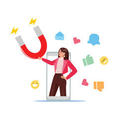 Vector of businesswoman with magnet pulling likes, messages, and notifications from smartphone