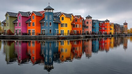 Picturesque reflections of colorful houses in reitdiephaven, groningen on a sunny afternoon