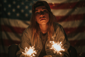 Woman with sparklers in front of American flag. Celebratory moment, youthful patriotism. Festive tradition, patriotic holiday, united nation. Independence Day. Fourth of July.