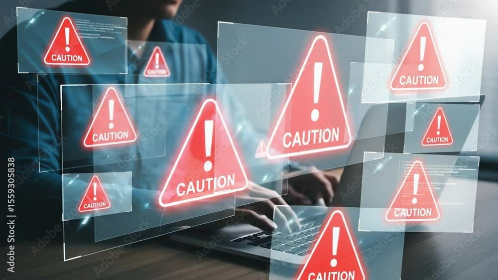Poster Person typing on laptop with caution signs and code overlayed on screen indicating security alerts