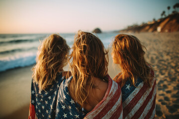 Three women at the beach wearing U.S. flags. Celebration and patriotism. National holiday, summer fun, freedom. Independence Day. Fourth of July.