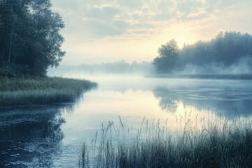 Fototapeta premium A serene lake with fog hovering over the water surface, reflecting the trees on a misty morning.