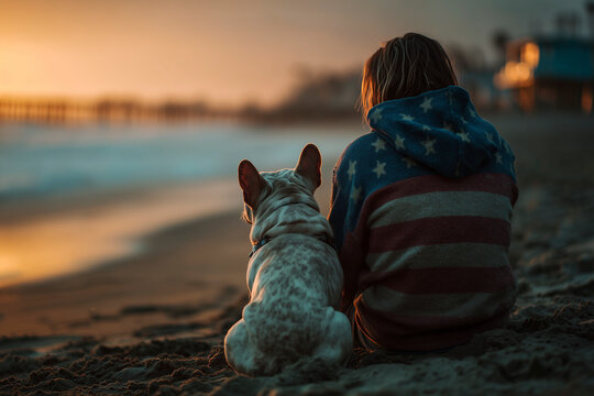Child and dog watch the sunrise on the beach. A tranquil, patriotic scene evoking peace. American pride, summer holiday, canine companion. Independence Day. Fourth of July.