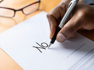 Signing a refusal with a fountain pen. A dark-skinned hand holding a metallic pen writes "No" on a sheet of paper, implying rejection or dissent.