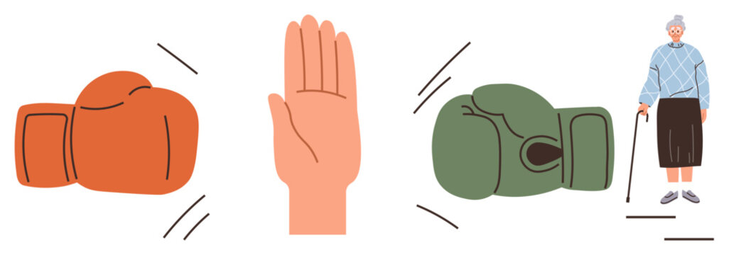 Red and green boxing gloves confront an open palm elderly woman with a cane stands adjacent. Ideal for peace, conflict, strength, aging, resolution, opposition, responsibility. Simple flat metaphor