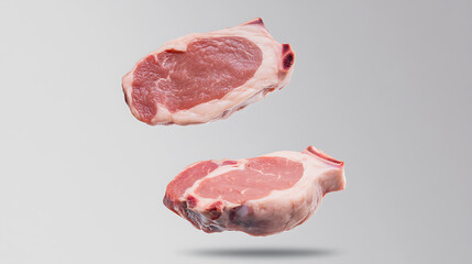 Two fresh pork chops levitate against a gray background, showcasing their raw texture and potential for delicious meals.