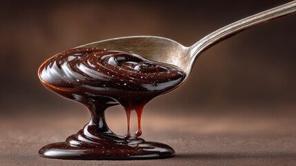 Rich dark caramel dripping from wooden spoon creates delectable dessert display with sparkling sea salt, food styling presentation, perfect for confectionery designs