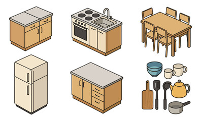 Isometric illustration of kitchen interior elements including dining table with chairs, refrigerator, stove with sink, kitchen cabinets, cooking utensils, cups, bowls, teapot, and saucepan. Flat vecto