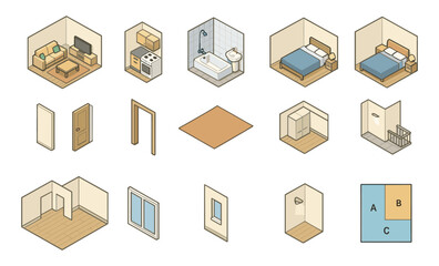 Isometric illustration of architectural floor plan elements including living room, kitchen, bathroom, bedroom, walls, doors, windows, balcony, rug, ceiling lamp, and layout scheme. Flat vector drawing