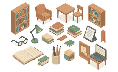 Isometric illustration of home reading and study area interior elements including bookshelves, armchair, table, chair, books, glasses, lamp, laptop, e-reader, pencils, noteboard, and bookmark. Flat ve