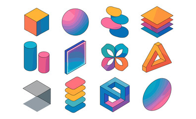 Set of colorful abstract geometric 3D shapes including cube, sphere, cylinder, bars, triangle, hexagon, layered blocks, and gradient elements. Isometric vector illustration isolated on white backgroun