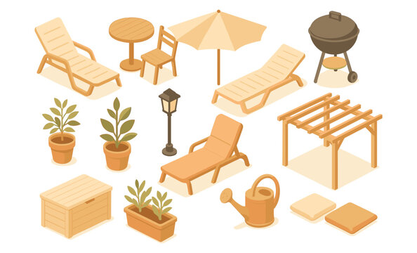 Isometric illustration of backyard garden and patio elements including sun loungers, table, chairs, umbrella, barbecue grill, pergola, potted plants, garden lamp, watering can, and storage box. Flat v - Powered by Adobe