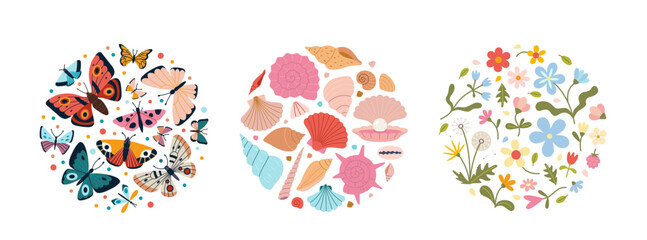 Round summer vibes compositions with colorful butterflies, seashells and wildflowers. Trendy modern vector illustration isolated on white background, hand drawn, flat design