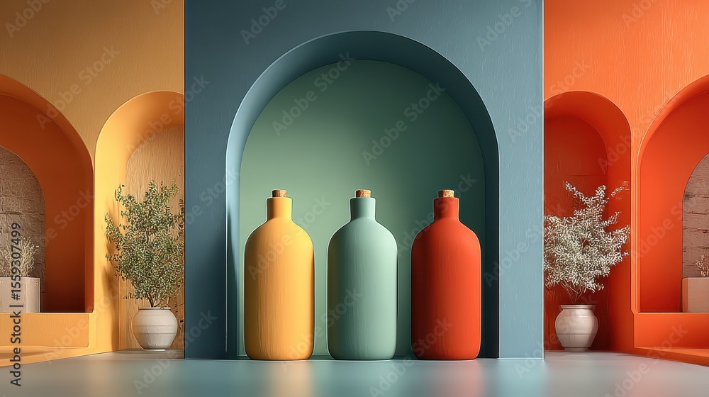 Poster Creative studio featuring colorful arches, botanical elements, and minimalist bottles for abstract product presentation