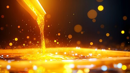 Molten gold pouring, bokeh background, foundry, industry