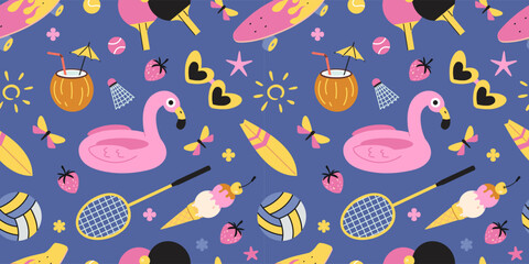 Seamless pattern with inflatable flamingos, beach gear, ice cream, balls, rackets and summer symbols. Trendy modern vector illustration on blue background, hand drawn, flat design