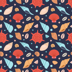 Seamless pattern with colorful seashells, starfishes and marine elements. Bright summer design for beach themed products, packaging or textile. Vector illustration on dark blue background, hand drawn