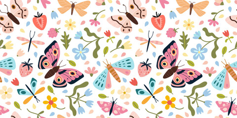 Seamless pastel pattern with butterflies, dragonflies, flowers and leaves. Delicate design for spring and summer products or feminine stationery. Vector illustration on light background, hand drawn
