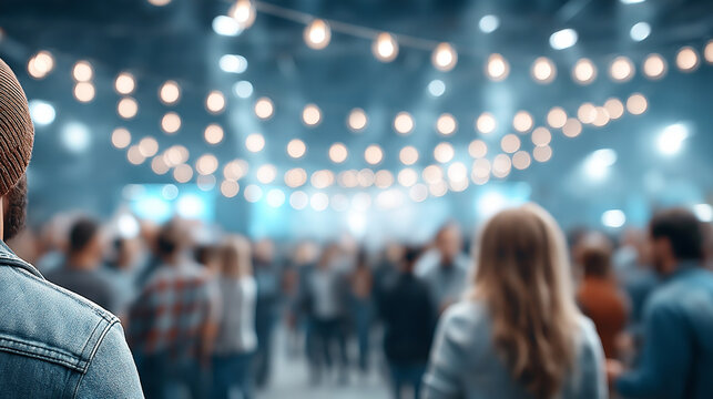 Blurred crowd of people at a festive party or social event, with colorful lights. Perfect for background use in celebration, nightlife, or event promotion visuals.