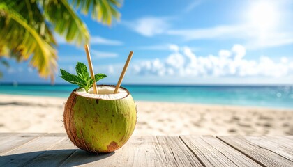 Exotic drink in coconut with water droplets on shell, background &ndash; waves and sky. Bright colors, high contrast.