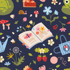 Cute Seamless pattern with book, flowers, frog, watering can, mushrooms and strawberries. Whimsical garden design for summer themes. Vector illustration on dark background, hand drawn, flat