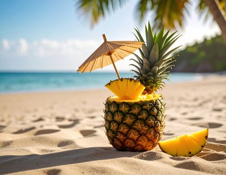 Cocktail in carved pineapple with umbrella and mango slice, placed on wet sand with sun reflections.