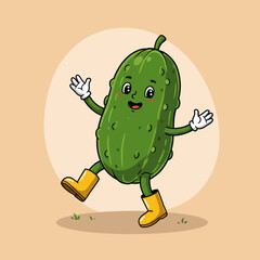 Cartoon Pickle Character Vector Illustration Joyful Vegetable with Boots and Gloves