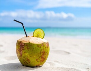 Exotic drink in coconut with lime slice, background of blue sea and light sky. No people, minimalist style.
