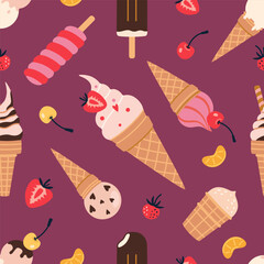 Seamless pattern with ice cream cones, popsicles and fruits. Sweet and colorful design perfect for summer food themes and packaging. Vector illustration on purple background, hand drawn, flat