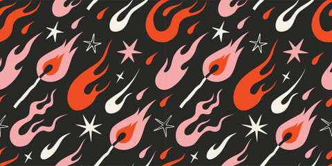Seamless pattern with dynamic flaming match, flames, fire and stars on black background. Trendy vector illustration in y2k aesthetic, vintage, old school tattoo neo tribal style, hand drawn