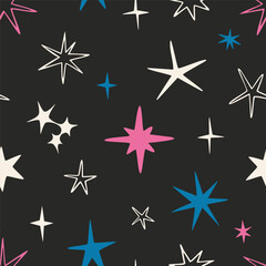 Seamless pattern with pink, white and blue scribble stars. Cheerful and trendy design for wrapping paper and festive decor. Abstract modern vector illustration on black background, hand drawn