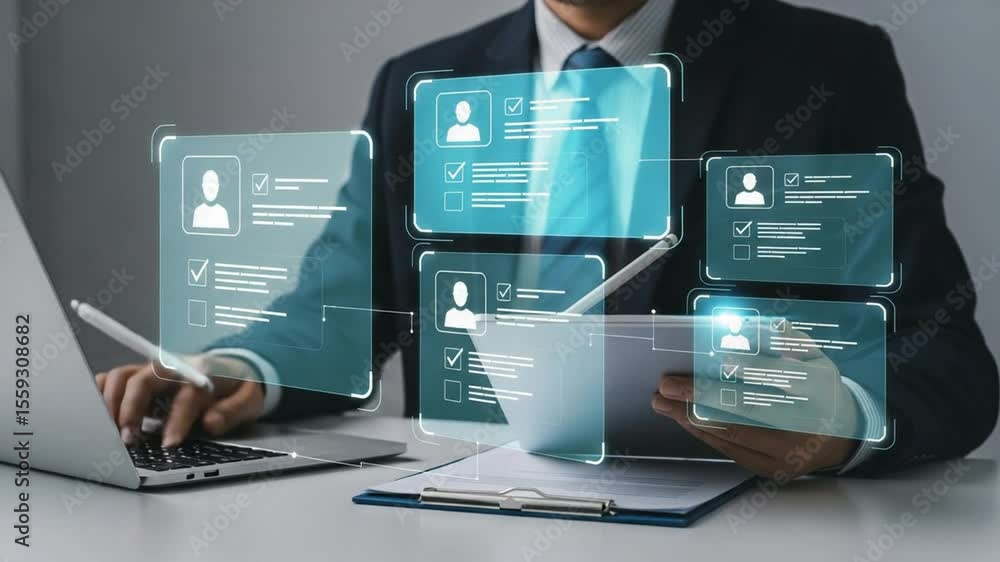 Poster Man in suit using laptop and tablet with digital profile interfaces for recruitment process view