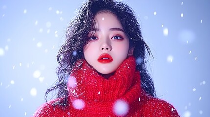 Woman, red sweater, winter, snowfall, studio, beauty, portrait, advertisement