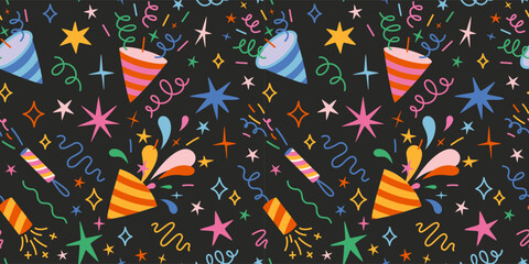 Colorful seamless pattern with party poppers, confetti, streamers, stars and celebration elements. Trendy modern vector illustration on black background, hand drawn, flat design