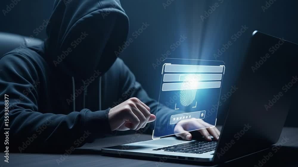Poster person in hoodie uses fingerprint scan on laptop screen in dark environment setting indoors