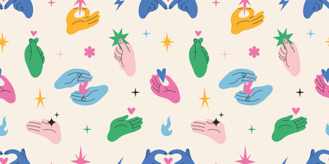 Seamless pattern with vibrant colorful hands in various love and support gestures. Trendy modern vector illustration on light background, hand drawn, flat design